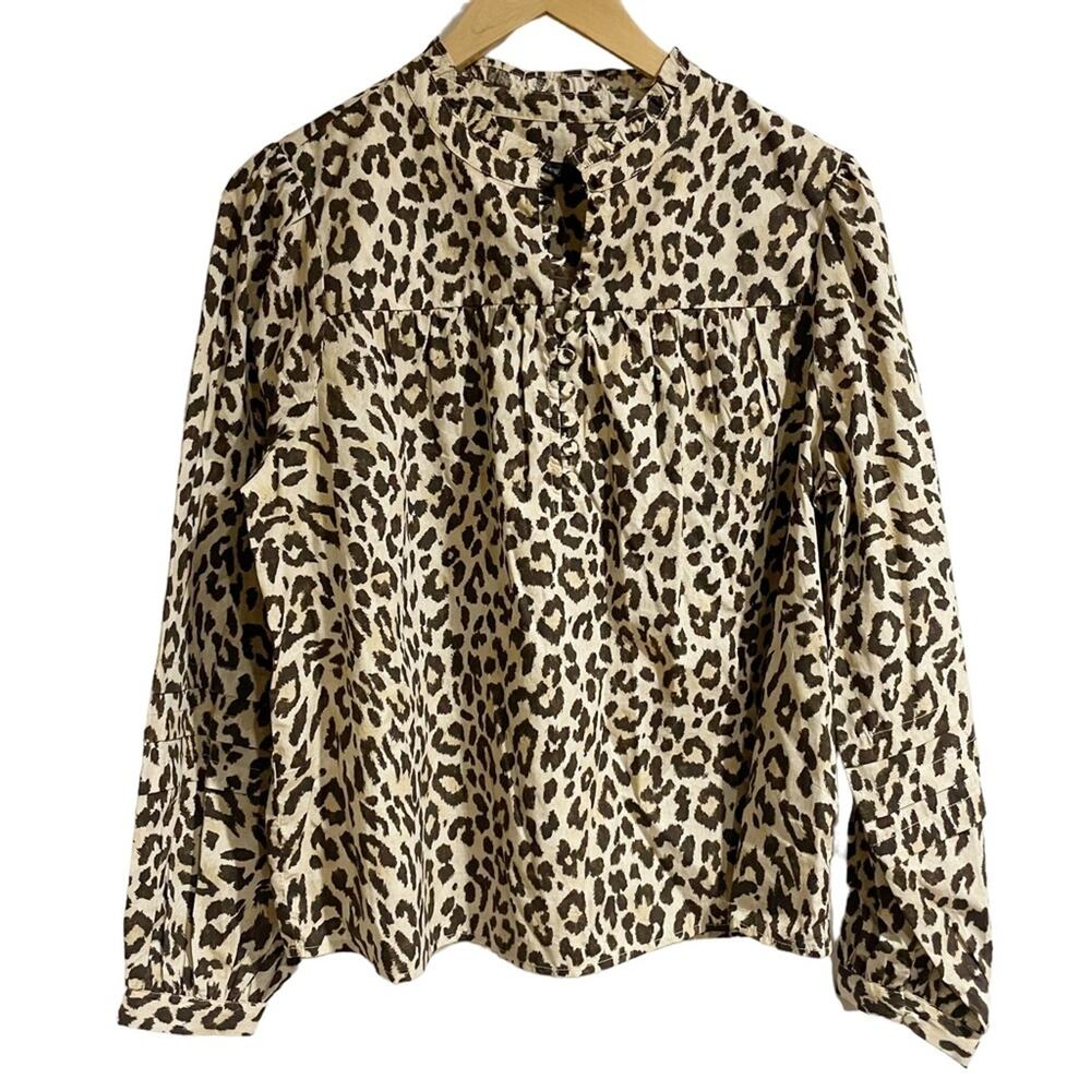 J Crew Women Small‎ Button-front ruffleneck popover in leopard print